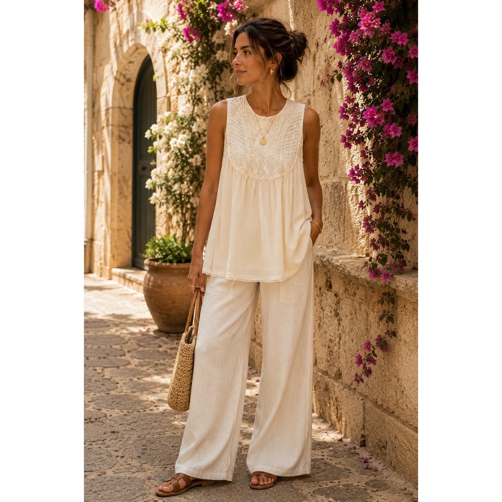 Wilfred Aritzia Cream Embroidered Lace Bib Tunic Top M Silk Trim Boho 50963